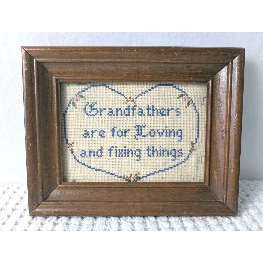 Vintage Framed  cross stitch About Grandpa's  Fixes Things!